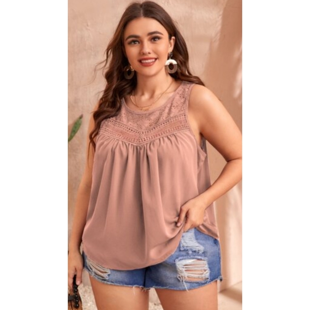 Women's Lace Yoke Sleeveless Top - Blush Size 1XL